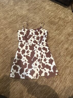 Spaghetti Strap Cow-Print Mini Dress in Brown and White
